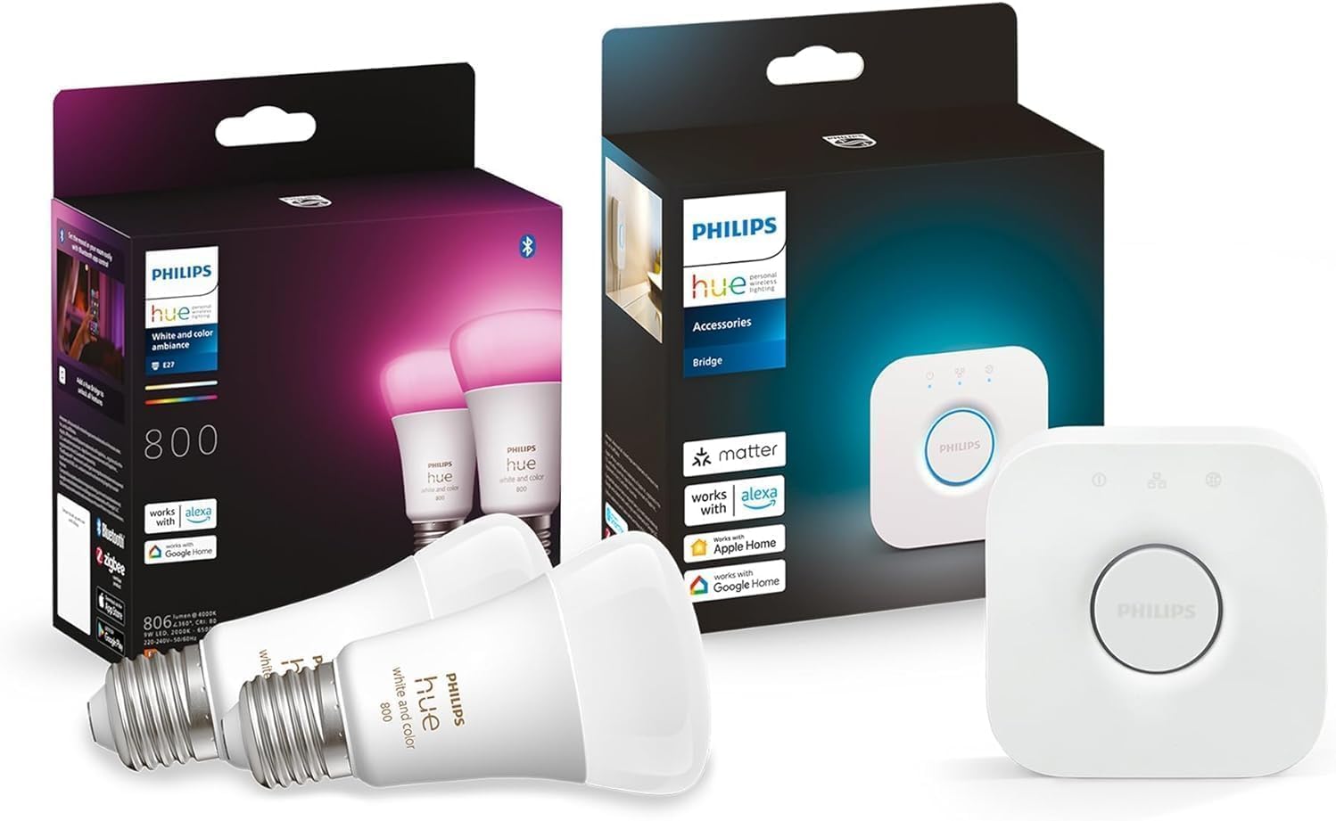 Philips Hue White &amp; Color Ambiance Starter Kit 2 Lampadine Smart, Attacco E27, Luce Bianca e Colorata Dimmerabili, 9W, Hue Bridge incluso, Controllo Vocale